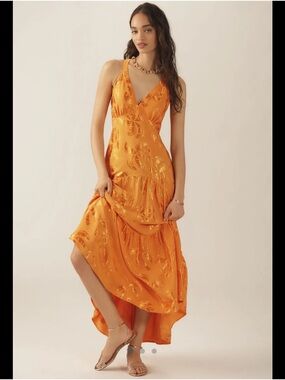 Farm Rio x Anthropologie V-neck tiered maxi Dress - Orange NWT